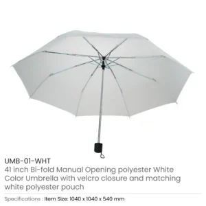 Bi-Fold Umbrella in White with Velcro Closure and Pouch - Image 3